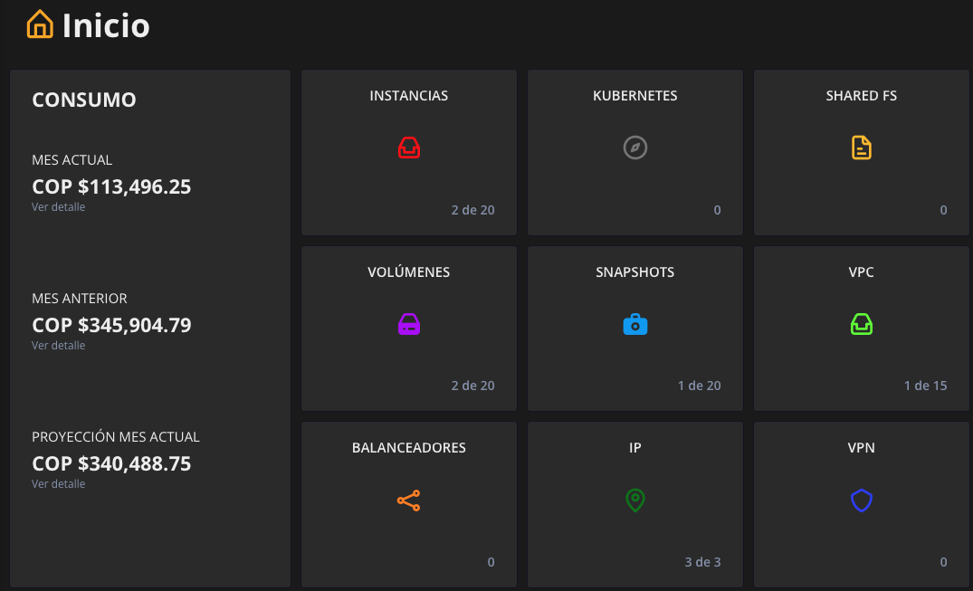 Dashboard CloudPublico con instancias, redes privadas y Kubernetes administrado